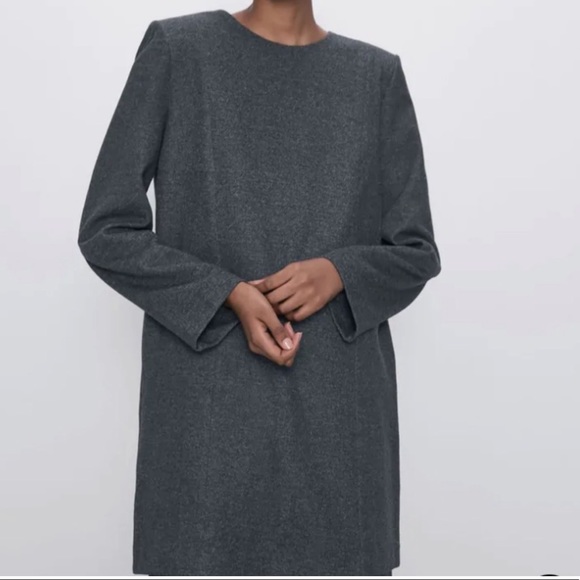 Zara Gray Marled Long Sleeve Shift Work Dress Shoulder Pads NWT size small - Picture 2 of 7